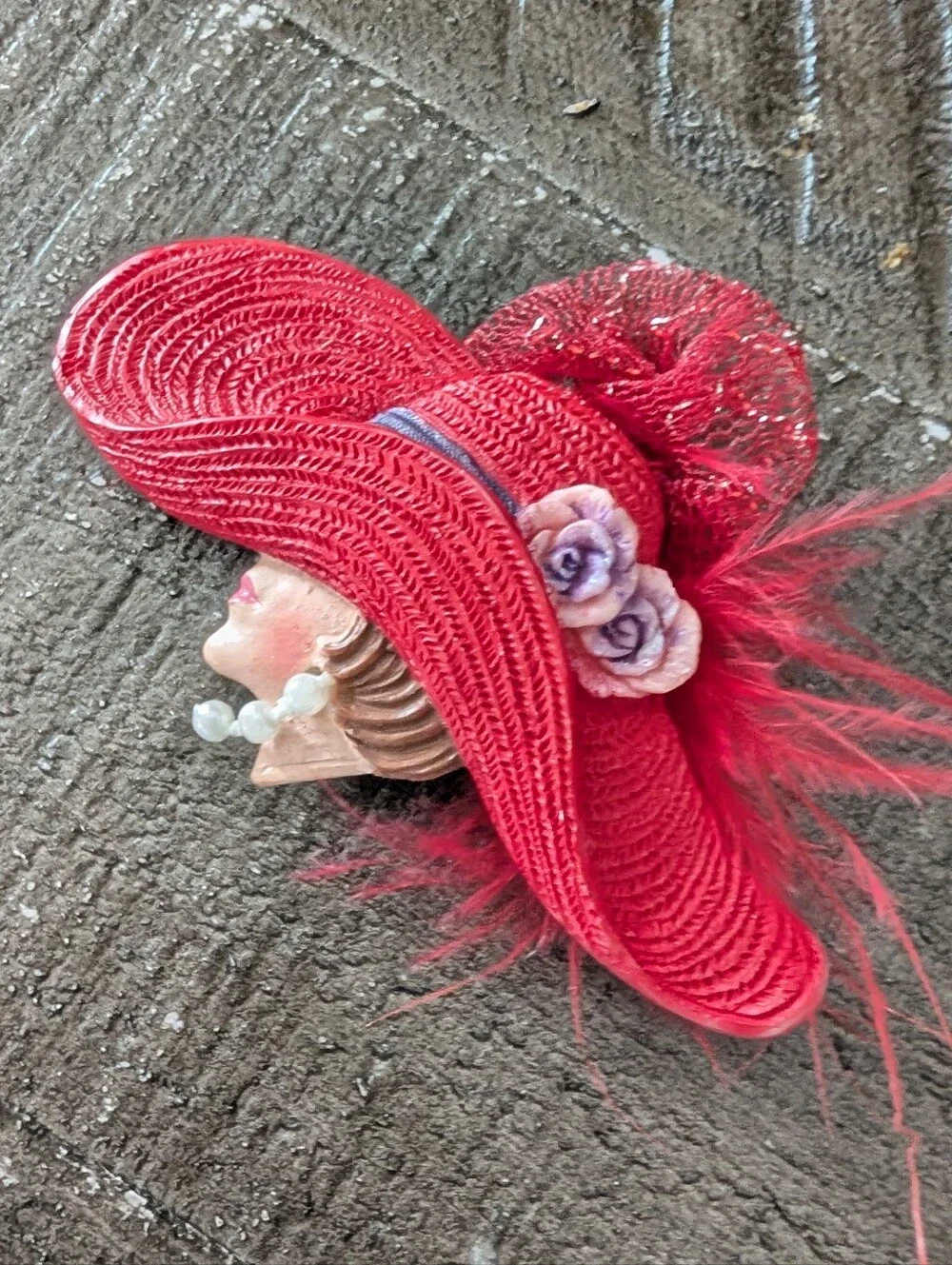 Red Decorative Ladies Hat Brooch with Purple Flower Accents